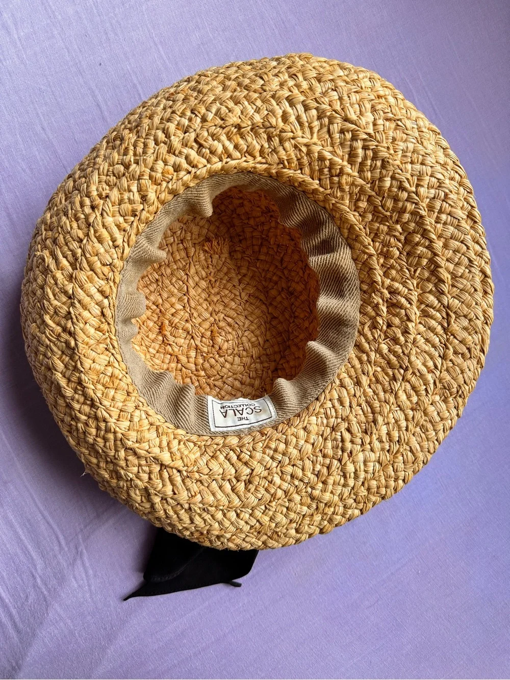The Scala Collection Natural Straw Sun Hat with Black Bow One Size